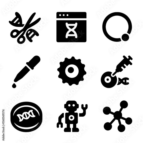 Genetic Engineering Icons. Solid, filled icon set of genetic engineering tools: DNA scissors, genome editor, plasmid ring, pipette