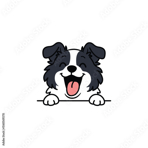 Cute cartoon border collie dog with a happy face, eyes closed, mouth open and tongue out, vector illustration