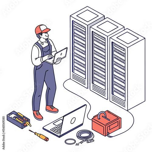 Technician with laptop standing near server racks and tools performing maintenance and troubleshooting tasks