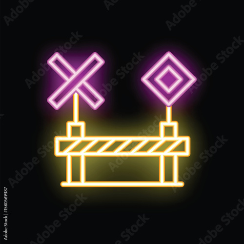 Neon glowing icon of a closed road at night with a barrier and traffic signs