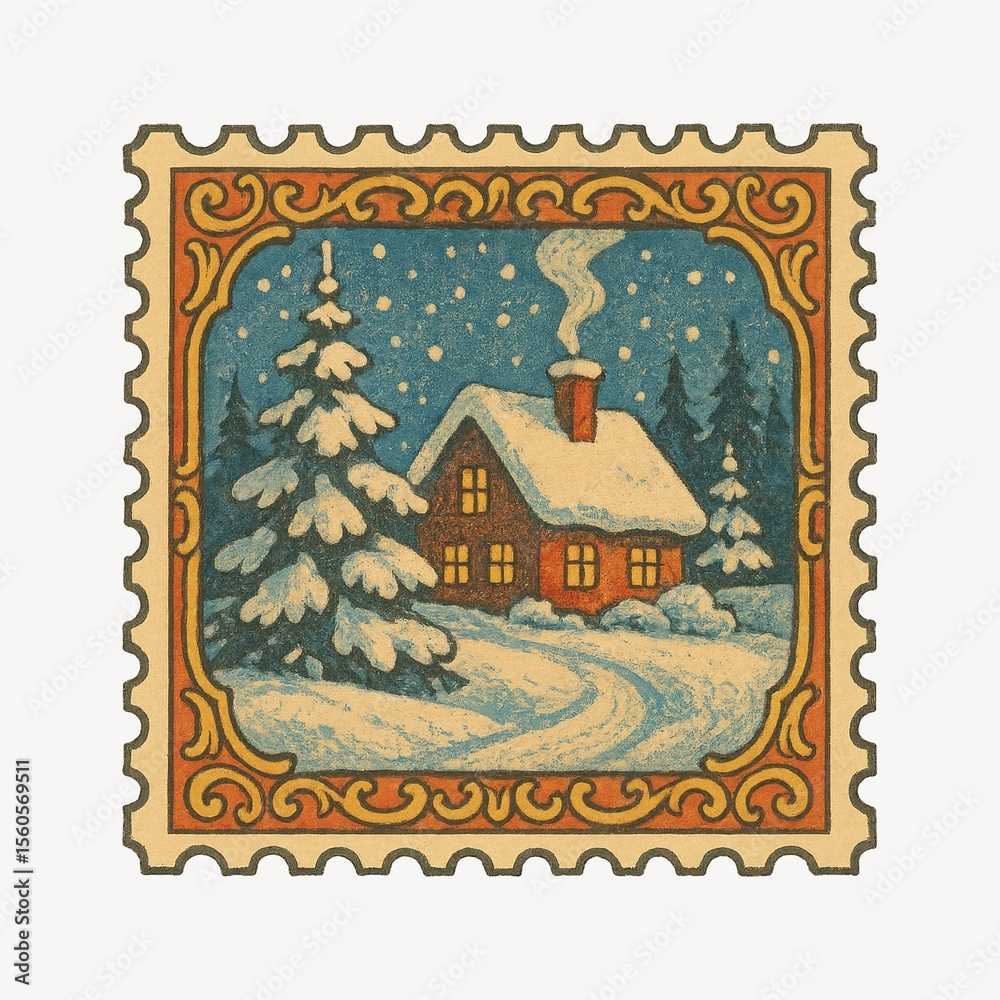 Obraz premium Vintage snowy cabin stamp