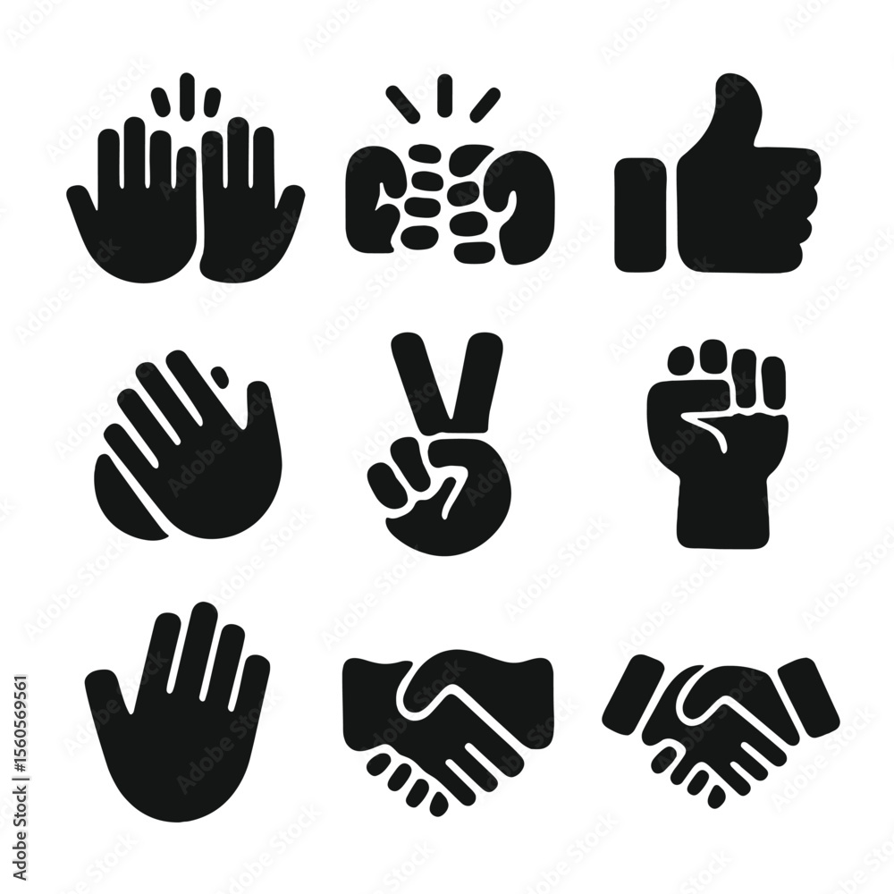 Fototapeta premium Gesture Icons Grid. Solid, filled icon set of cheers gestures: high five, fist bump, thumbs up, clapping hands, peace sign,