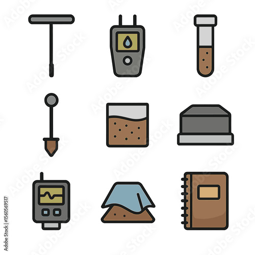 Geotechnical Testing Icons. Flat icon set of geotechnical moisture testing: soil probe, moisture meter, sample tube, penetrometer,