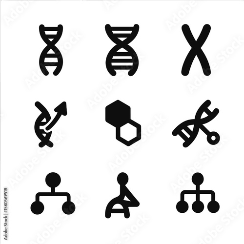 Genetics Icons Grid. Solid, filled icon set of genetics: DNA strand, double helix, gene, chromosome, genome icon, mutation symbol,