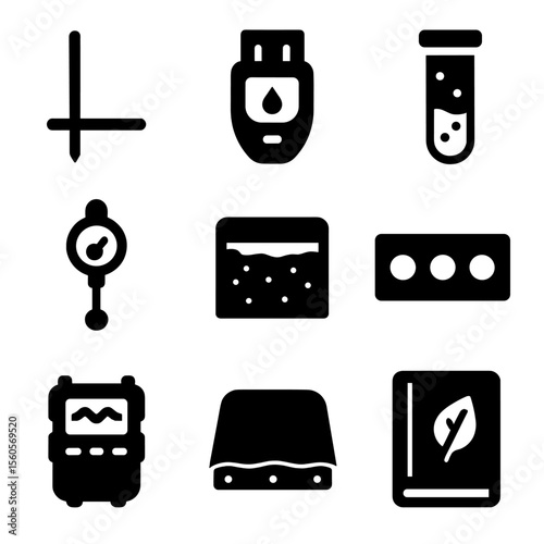 Geotechnical Testing Icons. Solid, Filled icon set of geotechnical moisture testing: soil probe, moisture meter, sample tube,