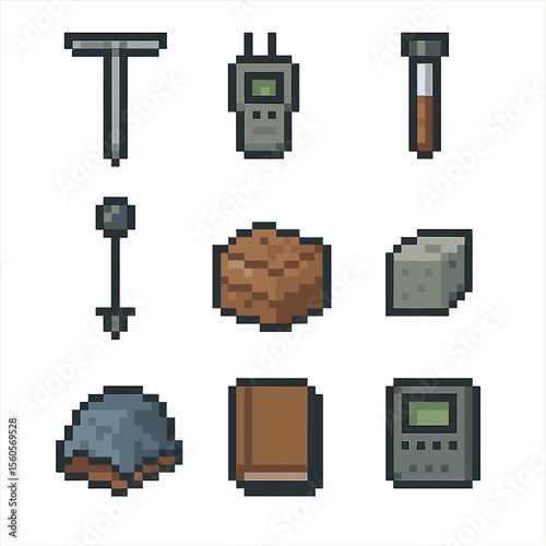 Geotechnical Testing Icons. Pixel art icon set of geotechnical moisture testing: soil probe, moisture meter, sample tube,