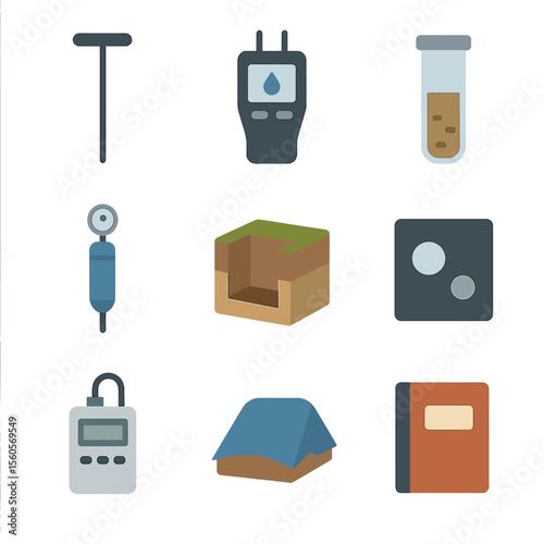 Geotechnical Testing Icons. Flat icon set of geotechnical moisture testing: soil probe, moisture meter, sample tube, penetrometer,