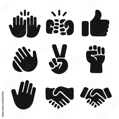 Gesture Icons Grid. Solid, filled icon set of cheers gestures: high five, fist bump, thumbs up, clapping hands, peace sign,