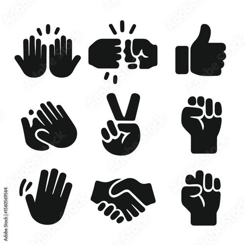 Gesture Icons Grid. Solid, filled icon set of cheers gestures: high five, fist bump, thumbs up, clapping hands, peace sign,