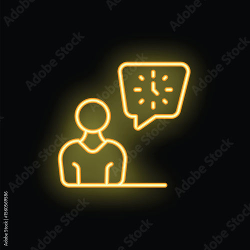 Yellow neon icon of a person with a thought bubble containing a clock, symbolizing time management and planning on a black background
