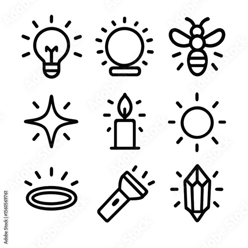 Glow Icon Set. Solid, filled icon set of glow: glowing light bulb, neon sign, firefly, glowing star, candle flame, glowing orb,
