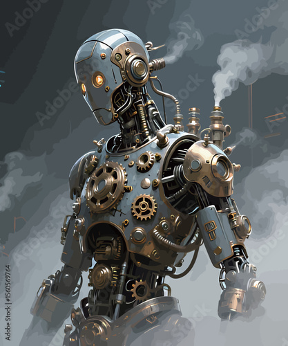 Intricate steampunk robot exuding mechanical charm against a smoky backdrop.