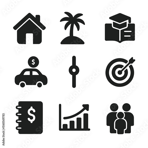 Goal Planning Icons. Solid, filled icon set of goal-based financial planning: dream house icon, vacation palm, college fund book,