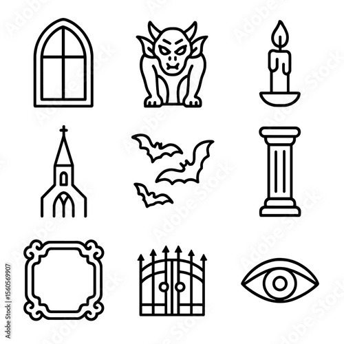 Gothic Icon Grid. Outline icon set of gothic gaze: arched window, gargoyle, candle flame, cathedral spire, bats in flight, stone