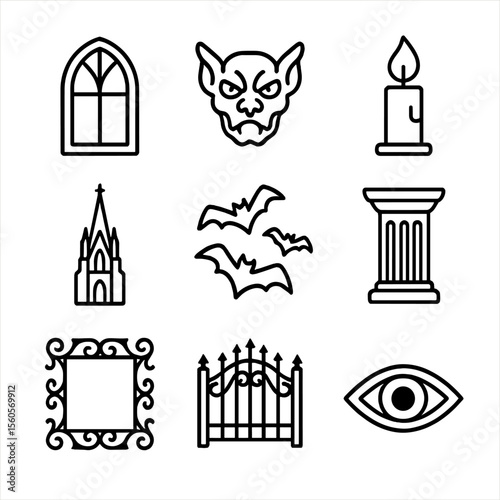 Gothic Icon Grid. Outline icon set of gothic gaze: arched window, gargoyle, candle flame, cathedral spire, bats in flight, stone