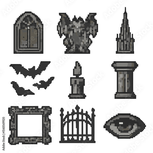 Gothic Icon Set. Pixel art icon set of gothic gaze: arched window, gargoyle, candle flame, cathedral spire, bats in flight, stone