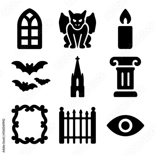 Gothic Icon Set. Solid, Filled icon set of gothic gaze: arched window, gargoyle, candle flame, cathedral spire, bats in flight,