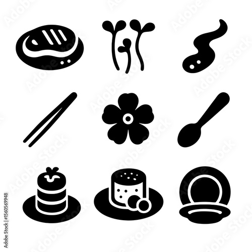 Gourmet Icon Grid. Solid, filled icon set of gourmet food presentation: plated steak, microgreens, sauce drizzle, food tweezers,