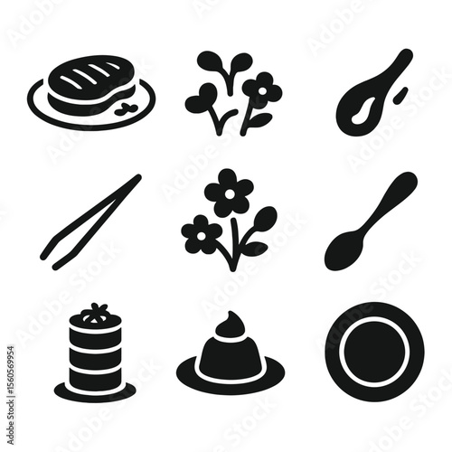 Gourmet Icon Grid. Solid, filled icon set of gourmet food presentation: plated steak, microgreens, sauce drizzle, food tweezers,