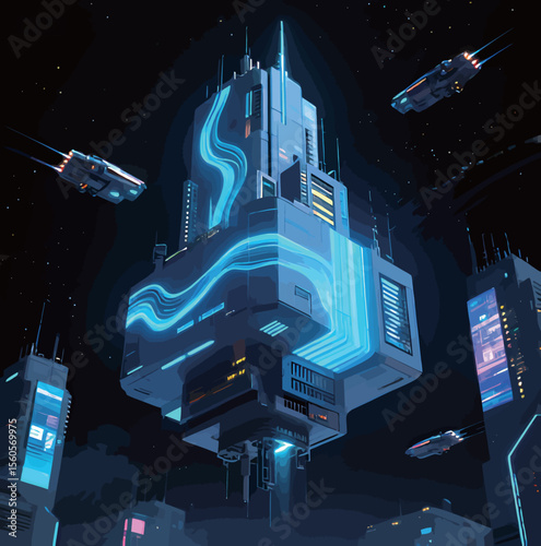Futuristic cityscape with neon lights and flying vehicles in a dark space setting.