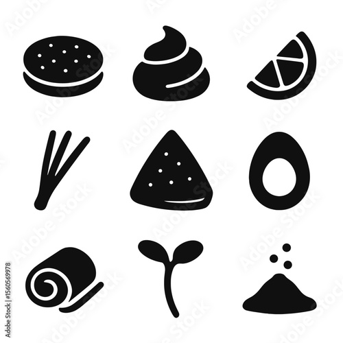 Gourmet Seafood Pairing Icons. Solid, Filled icon set of gourmet seafood pairings: blini, crème fraîche, lemon wedge, chive sprig,
