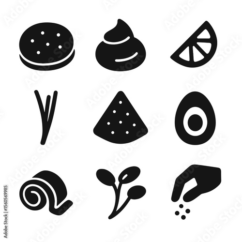 Gourmet Seafood Pairing Icons. Solid, Filled icon set of gourmet seafood pairings: blini, crème fraîche, lemon wedge, chive sprig,