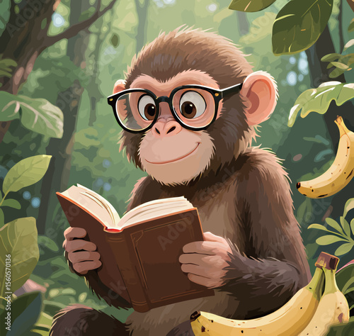 Cute young monkey in glasses reading a book surrounded by bananas in a lush jungle.