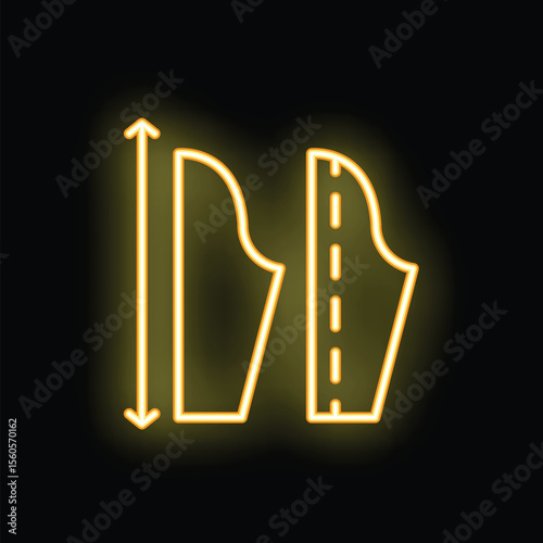 Glowing neon line icon of a piece of cloth being altered and measured representing clothes service, fashion and design