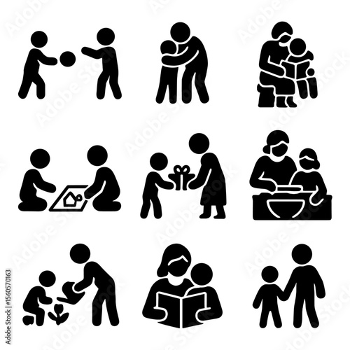 Grandchildren Activity Icons. Solid, filled icon set of grandchildren activities: playing, hugging, storytelling, drawing, gift