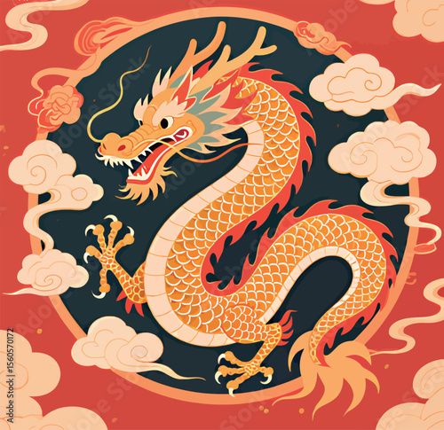 Vibrant illustration of a mythical dragon surrounded by clouds.