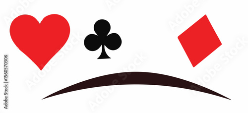 A classic set of four playing card suits: a red heart, a black club, a red diamond, and an upside-down red spade.