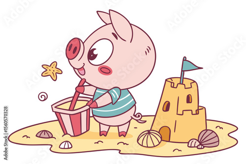 Vector cute Pig cartoon character, building a sandcastle, concentrated expression, beach elements like shells and starfish, isolated on white background