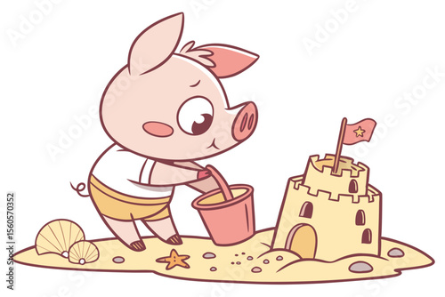 Vector cute Pig cartoon character, building a sandcastle, concentrated expression, beach elements like shells and starfish, isolated on white background