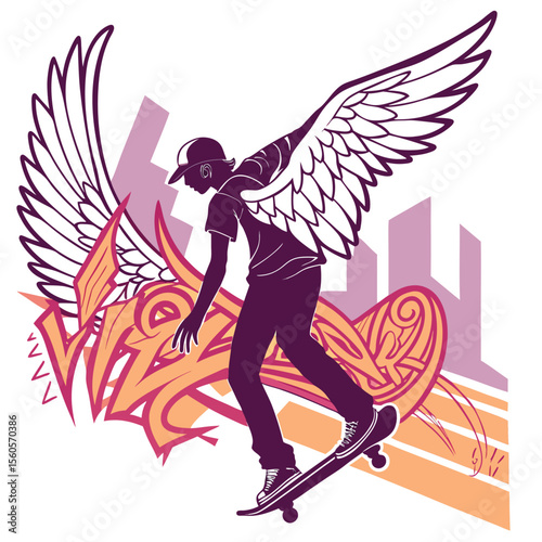 Silhouette of a skater with wings riding a skateboard in front of graffiti and city buildings art