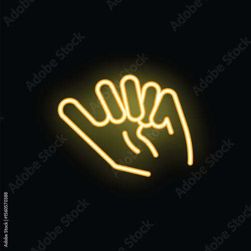 Neon yellow hand gesture with two fingers holding something virtual is glowing on a black background