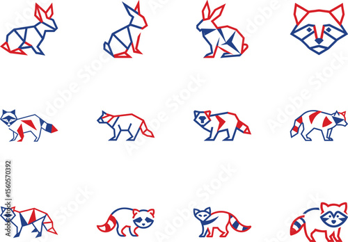 Geometric animal outlines featuring rabbits and raccoons are designed with red and blue colors over white