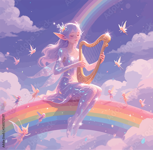A serene fairy with pointed ears plays a harp on a rainbow.
