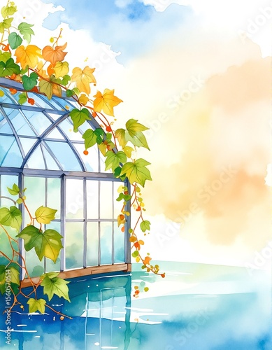 A vibrant watercolor painting depicting an old greenhouse, showcasing lush greenery, colorful flowers, and soft sunlight filtering through the glass panes.