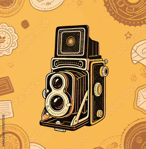 Stylish illustrated vintage 8mm camera on a vibrant yellow background.