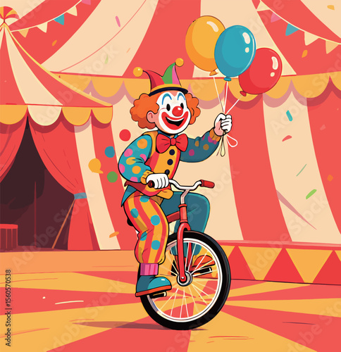 Colorful clown riding a unicycle in a festive circus setting.