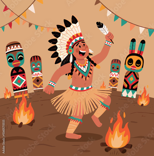 Indigenous male dancer in traditional attire celebrates with vibrant energy around a fire.