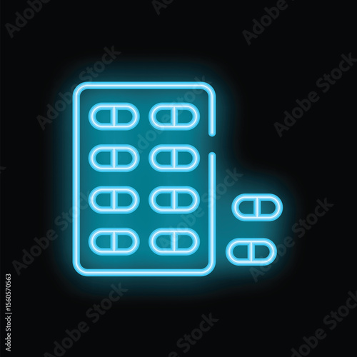 Blue neon sign of a blister pack of pills glowing on a black background