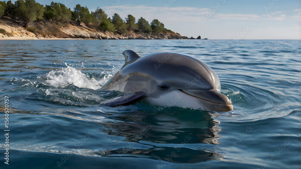 Naklejka premium Ai A curious dolphin swims close to the shore