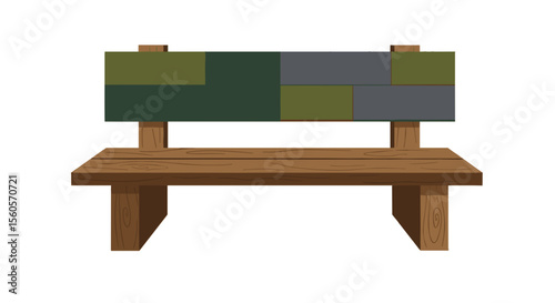 Wooden bench with green and gray backrest in rustic alpine vector style

