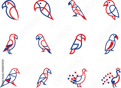 Twelve minimalist parrot icons are presented in red and blue line art on a white background