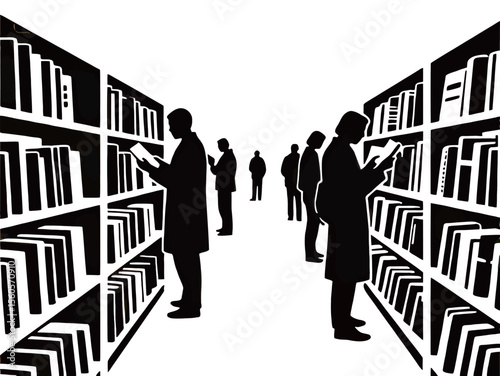 Silhouetted figures browsing shelves in a library, evoking a sense of knowledge and discovery.