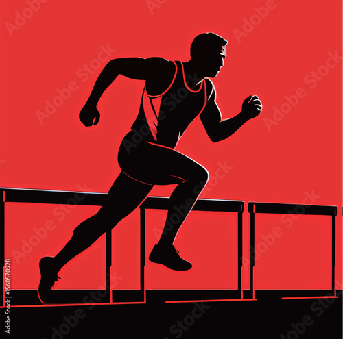 Male athlete jumping over hurdles in a dynamic pose against a vibrant red background.
