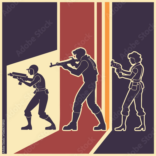 Silhouetted figures with weapons in retro color blocks ready for action and adventure scene set up