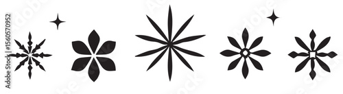 A horizontal arrangement of diverse black abstract star and floral shapes on a white background, suggesting decorative elements or festive patterns.