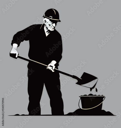Elderly male worker in a hard hat, shoveling dirt into a bucket.